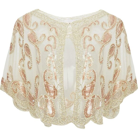 🆕 Women Cream Sequin Beaded Evening Cape Bridal Shawl Bolero Flapper Cover Up - Picture 1 of 6